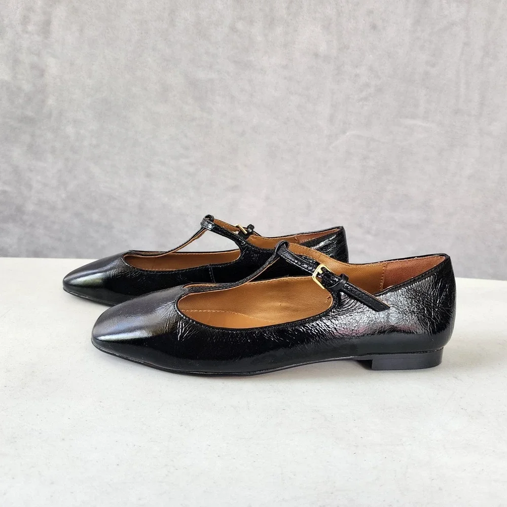 Madewell Mylie Flats Womens Size 5 Black Leather Buckle Square Toe Shoes T-Strap